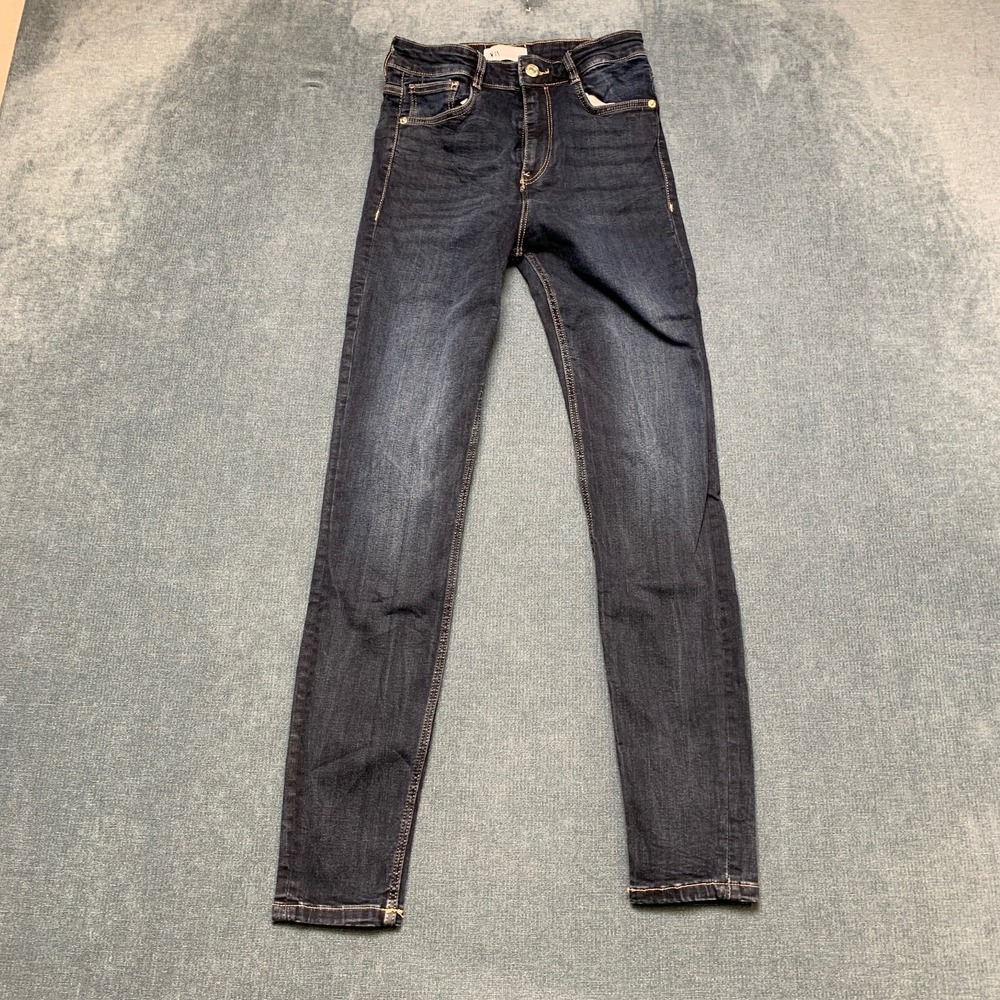 Zara Skinny Leg Jeans Womens 4 Blue Denim Grunge Dark Wash Whiskering 5 Pockets